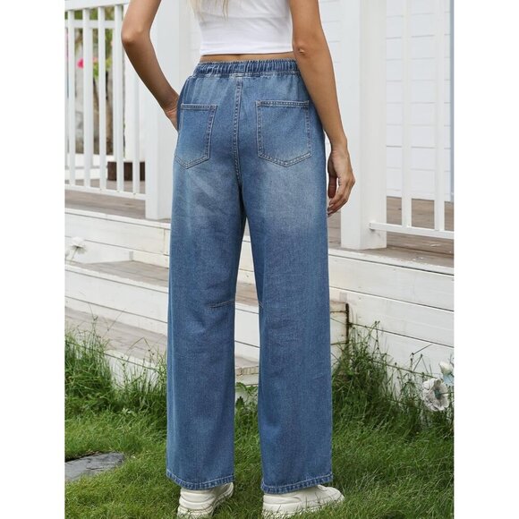 Women High Waisted Wide Leg Denim Pants Drawstring Baggy Casual Pants - Picture 6 of 6